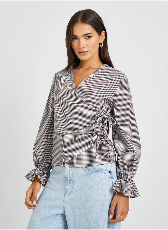 Styli Gingham Print Wrap Top with Tie-Up Detail