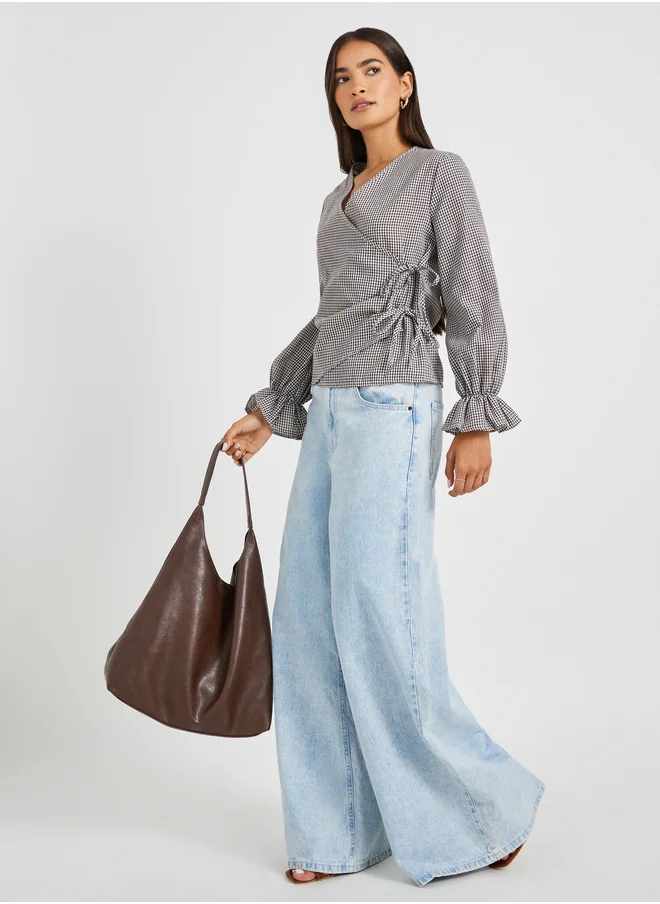 Styli Gingham Print Wrap Top with Tie-Up Detail