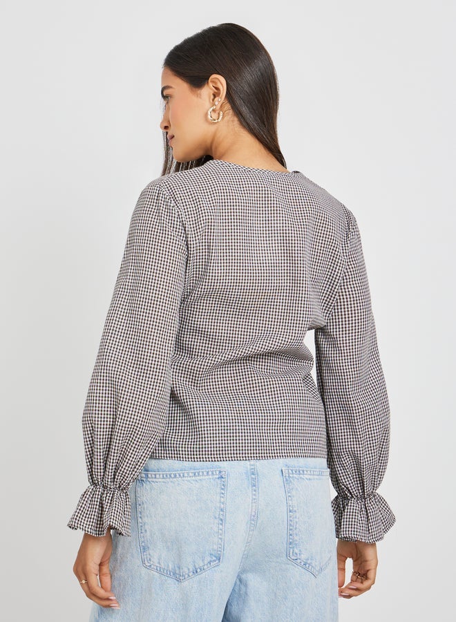 Styli Gingham Print Wrap Top With Tie-Up Detail - Image 4