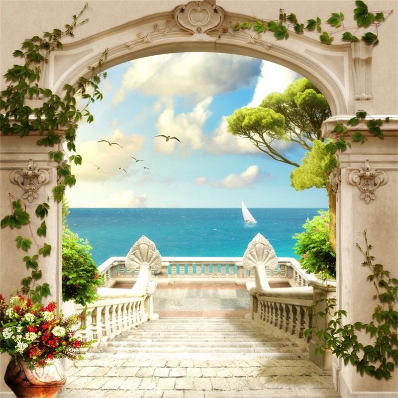 Laeacco Italy Scenery Frasco Backdrop 8x8ft Vinyl Photography Background European Viewing Platform Arch Door Stairway Towards The Sea Beautiful Landscape Scenic Indoor Decors Wallpaper Wedding Shoot