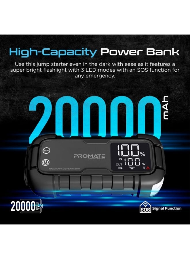 Promats Promate SparkTank-20 Heavy Duty 2000A/12V Car Jump Starter with Built-in 20000mAh Power Bank, 45W USB-C Power Delivery, Smart Safety Clamps, LED Flashlight, Portable Emergency Battery Booster for Cars, SUVs & Trucks – All-in-One Power Solution  - Image 5