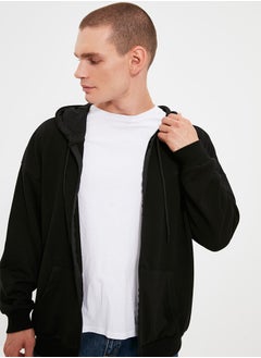 trendyol Black Oversize/Wide Cut Hooded Zippered Thick Basic Sweatshirt-Cardigan TMNAW22SW0620  - Image 2