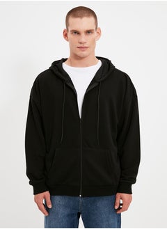trendyol Black Oversize/Wide Cut Hooded Zippered Thick Basic Sweatshirt-Cardigan TMNAW22SW0620  - Image 3