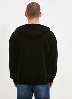 trendyol Black Oversize/Wide Cut Hooded Zippered Thick Basic Sweatshirt-Cardigan TMNAW22SW0620  - Image 4