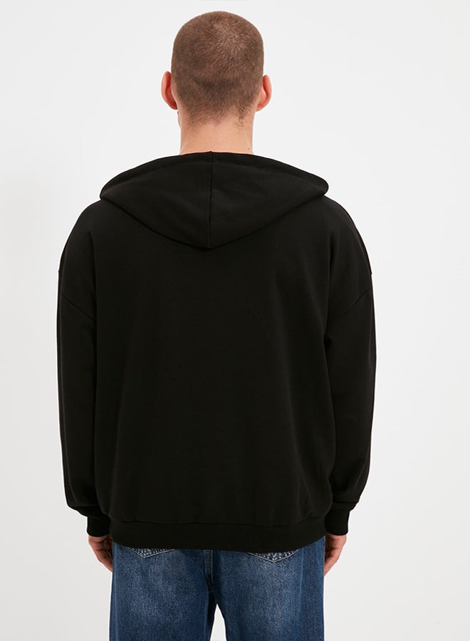 trendyol Black Oversize/Wide Cut Hooded Zippered Thick Basic Sweatshirt-Cardigan TMNAW22SW0620  - Image 4