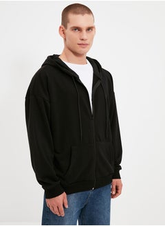 trendyol Black Oversize/Wide Cut Hooded Zippered Thick Basic Sweatshirt-Cardigan TMNAW22SW0620  - Image 1