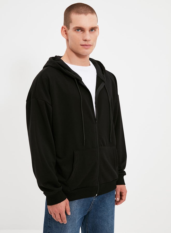 trendyol Black Oversize/Wide Cut Hooded Zippered Thick Basic Sweatshirt-Cardigan TMNAW22SW0620  - Image 1