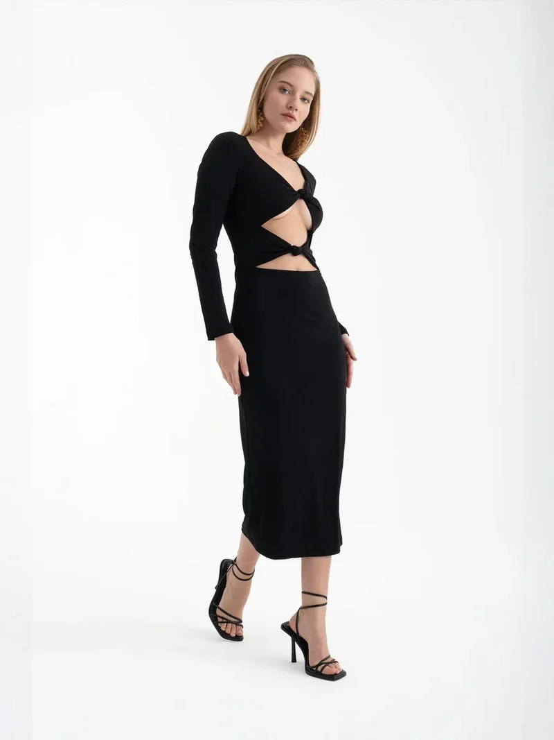 Hiccup Black Scoop Neck Cut Out Long Sleeve Midi Dress for Women | Best Price UAE