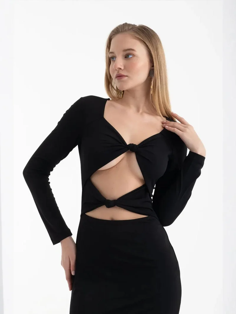 Hiccup Black Scoop Neck Cut Out Long Sleeve Midi Dress for Women | Best Price UAE
