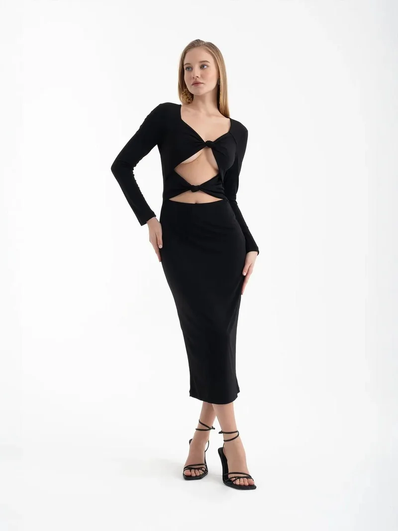 زوبعة فستان ميدي بأكمام طويلة بفتحة عند الرقبة