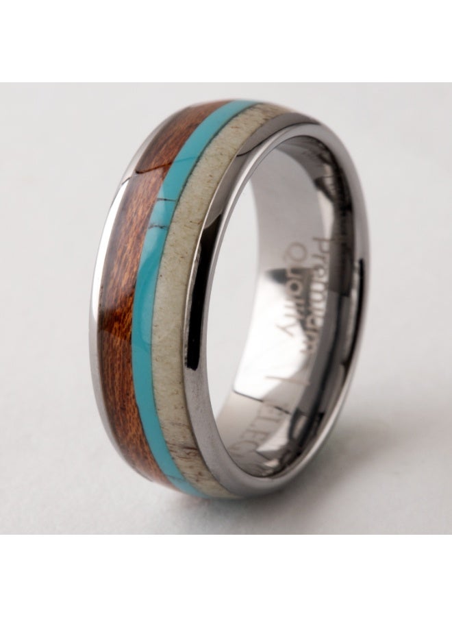 Engagement Tungsten Ring Inlaid With Koa Wood, Turquoise