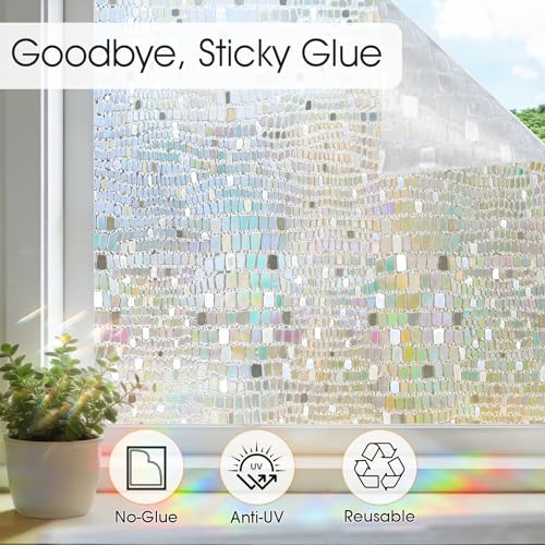 Windimiley Window Privacy Film 3D Rainbow Static Clings Bathroom Stained Glass Decorative Window Sticker Prism Holographic Decals Sun Blocking Non-Adhesive Door Covering,17.5x78.7In, Pure - Image 5