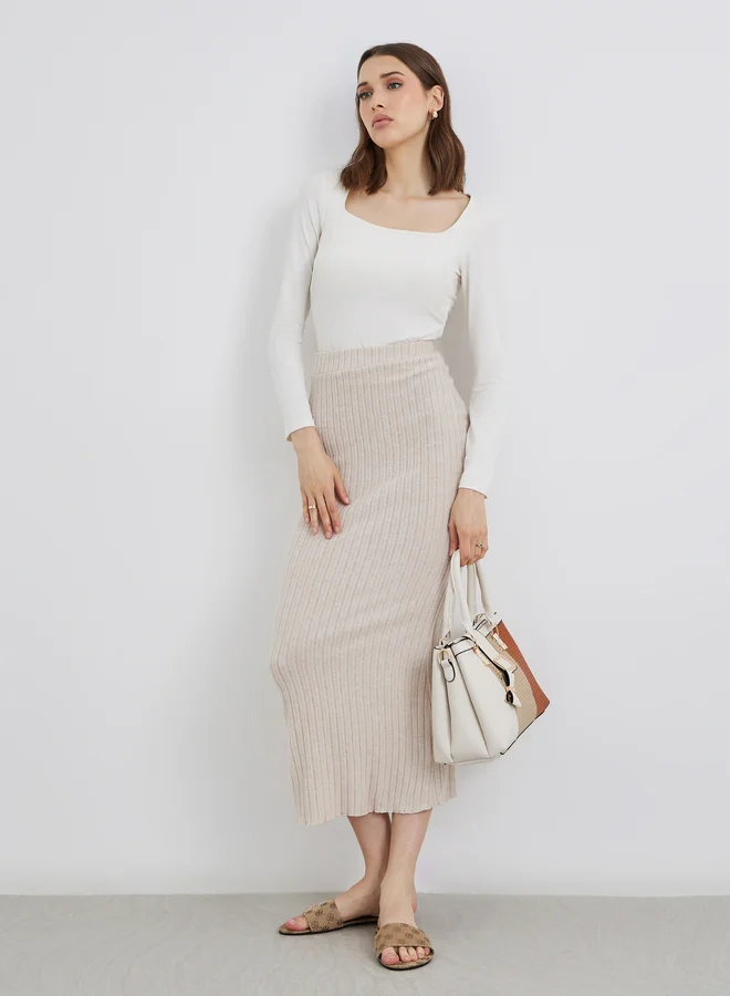 Take Two Take Two Beige Ribbed Knit Midi Skirt