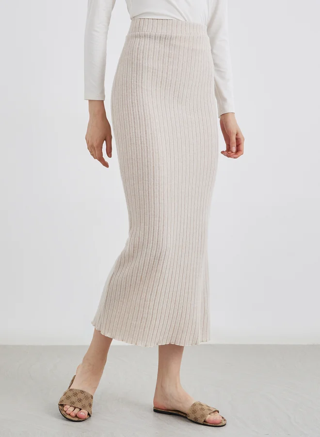 Take Two Take Two Beige Ribbed Knit Midi Skirt