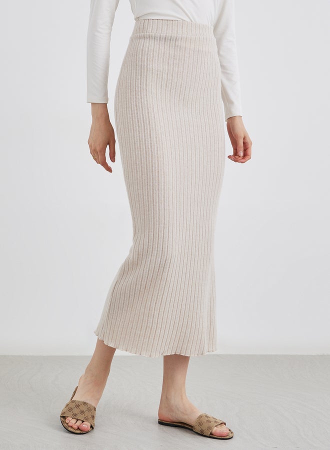 Take Two Beige Ribbed Knit Midi Skirt - Image 2