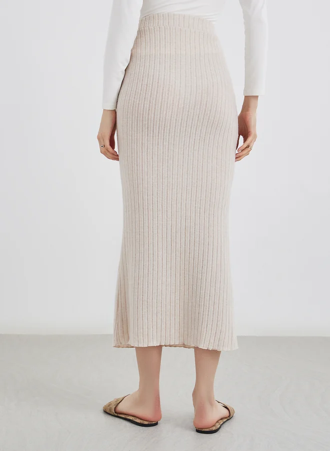 Take Two Take Two Beige Ribbed Knit Midi Skirt