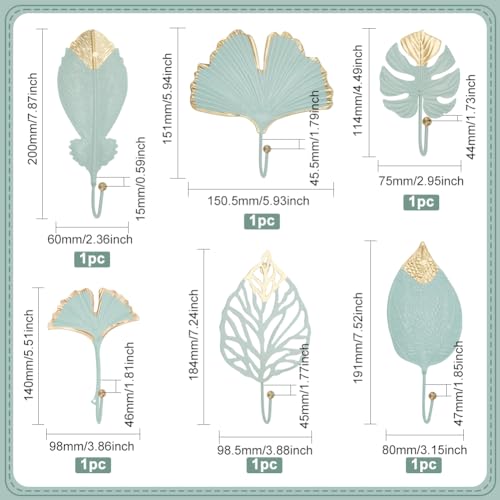 BENECREAT 6 Pcs Painted Iron Wall Hooks Light Green Decorative Leaf Iron Hooks Botanical Single Claw Coat Rack for Room Living Room Decoration - Image 3