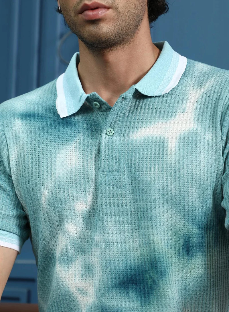 CAHOOT  Men's Sky Blue Dye-Geometric Jacquard Polo T-Shirt for Men | Best Price UAE