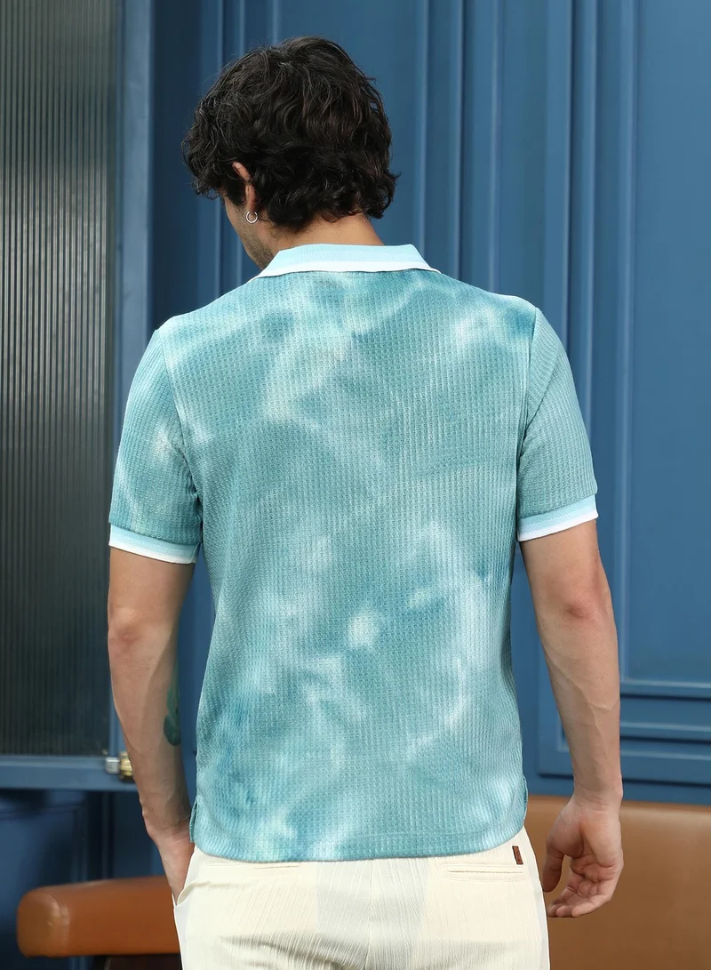 CAHOOT  Men's Sky Blue Dye-Geometric Jacquard Polo T-Shirt for Men | Best Price UAE