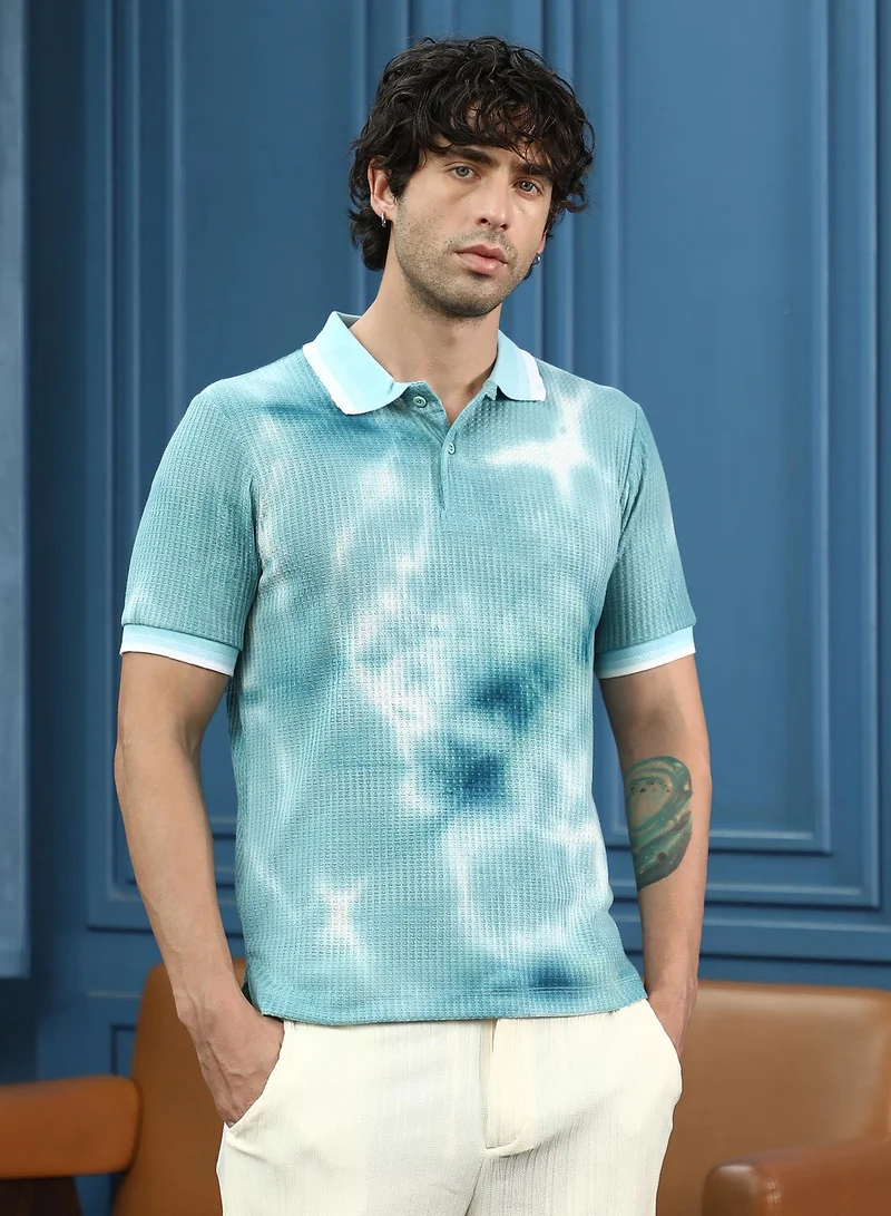 Men's Sky Blue Dye-Geometric Jacquard Polo T-Shirt