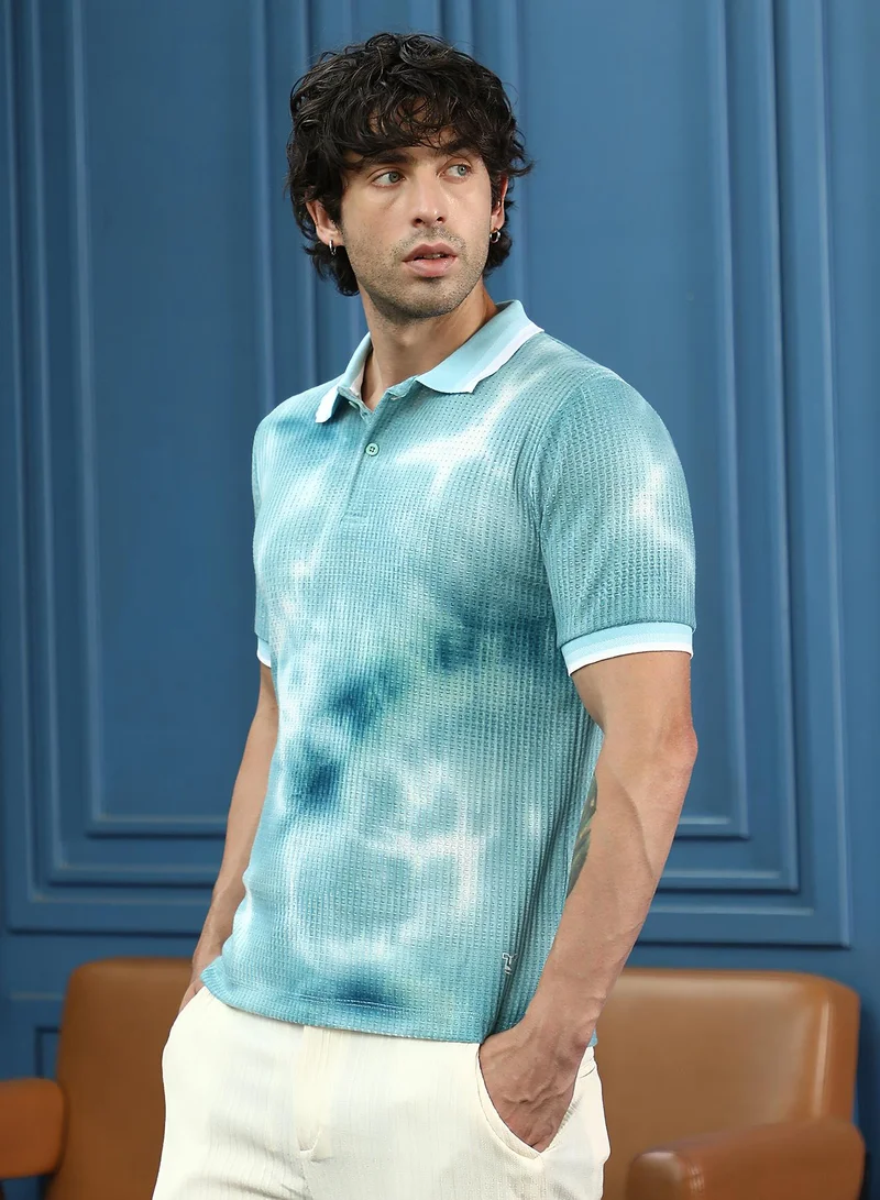 CAHOOT  Men's Sky Blue Dye-Geometric Jacquard Polo T-Shirt for Men | Best Price UAE