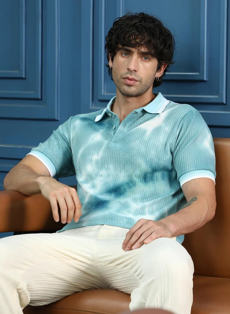 CAHOOT  Men's Sky Blue Dye-Geometric Jacquard Polo T-Shirt for Men | Best Price UAE
