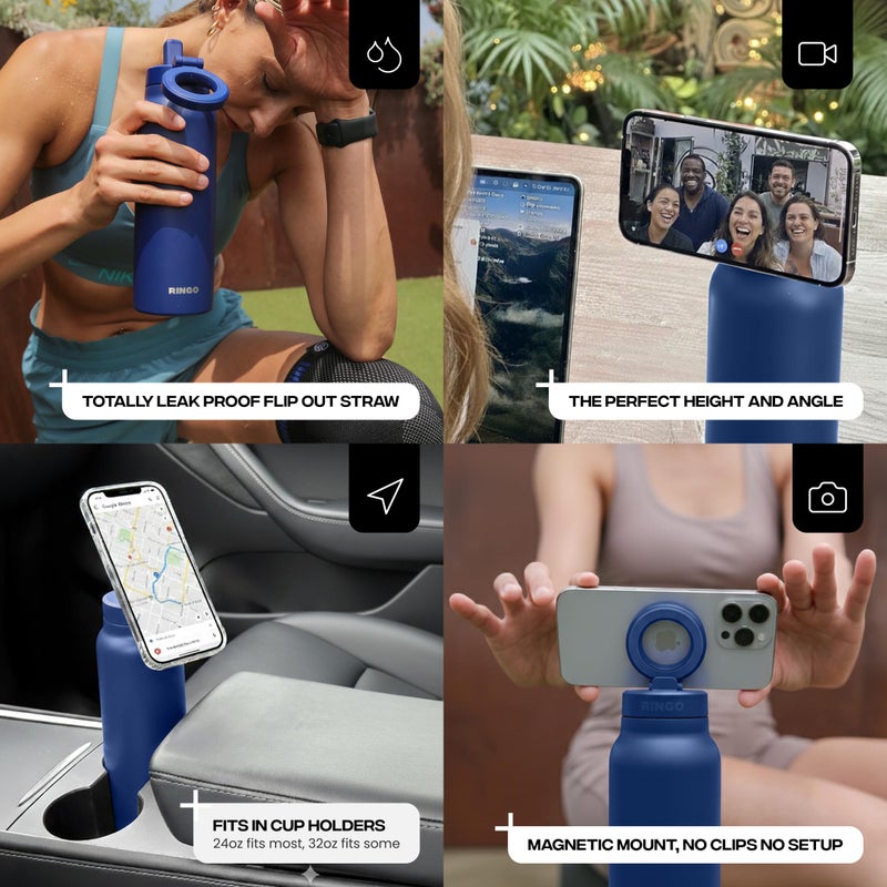 Ringo PRO Water Bottle with Magnetic Phone Mount & Sip Straw Lid - Insulated Stainless Steel Bottle for Workouts, Content Creation, Navigation & Facetime on the Go, 12Hrs Hot/24Hrs Cold Blue 24oz - Image 5