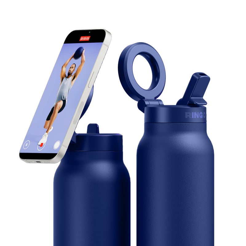 Ringo PRO Water Bottle with Magnetic Phone Mount & Sip Straw Lid - Insulated Stainless Steel Bottle for Workouts, Content Creation, Navigation & Facetime on the Go, 12Hrs Hot/24Hrs Cold Blue 24oz - Image 1
