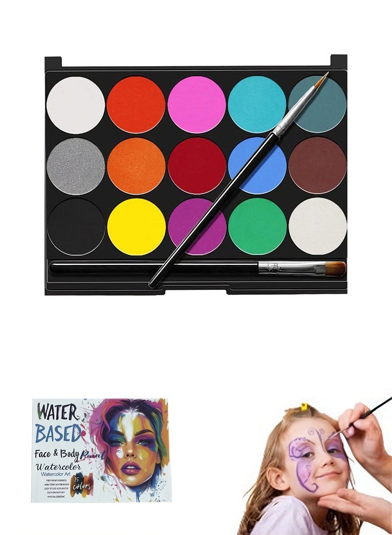 Face Paint Kit for Kids,Professional Non-tocix Face Paint 15 Colors Kit with 2 Brushes, Body Makeup Paint Hypoallergenic Water Based Paints for Party Cosplay - Image 1