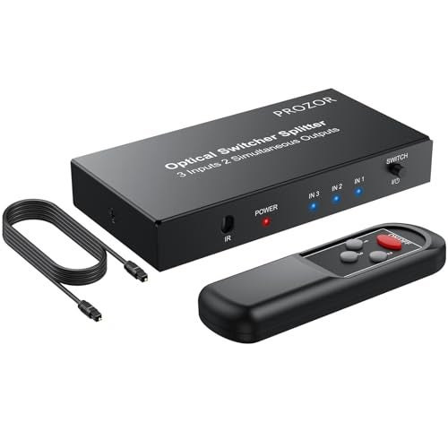 PROZOR Digital Audio Switcher Splitter - 3 in 2 Out 3 Port Spdif Toslink Optical Switch with Remote Control, Aluminum Alloy Material 2 Way Digital Audio Splitter Support LPCM 2.0 DTS Dolby-AC3 - Image 1