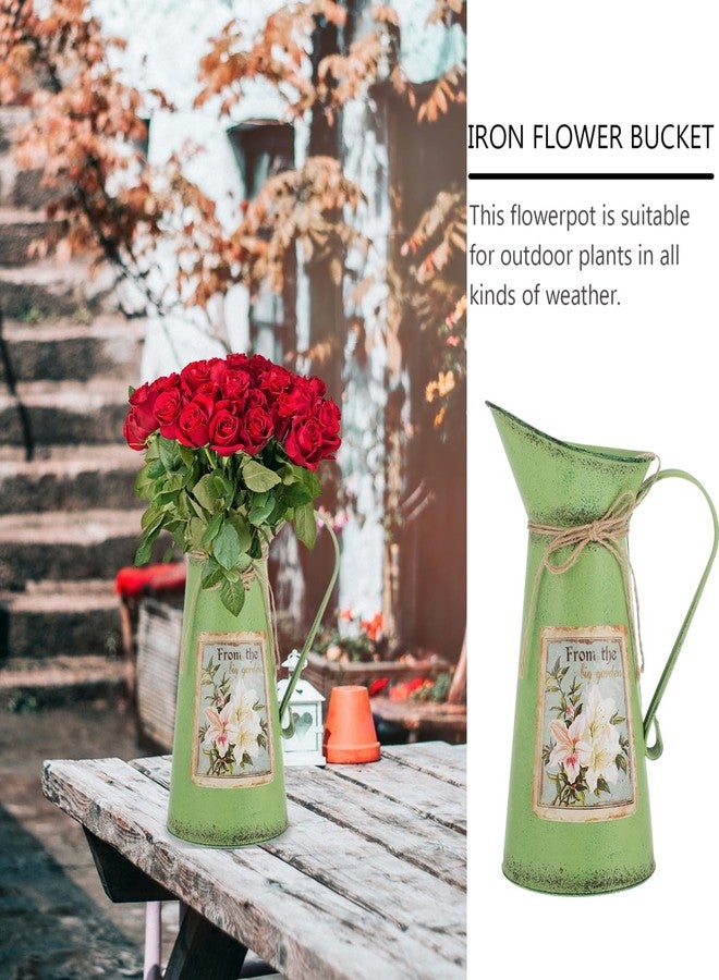 أموسفون مزهرية زهور معدنية ريفية من آموسفن، مزهرية عتيقة الطراز، إبريق حليب مجلفن، إبريق سقي عتيق، دلو لتنسيق الزهور، لون أخضر، 28×18×11 سم - Image 5