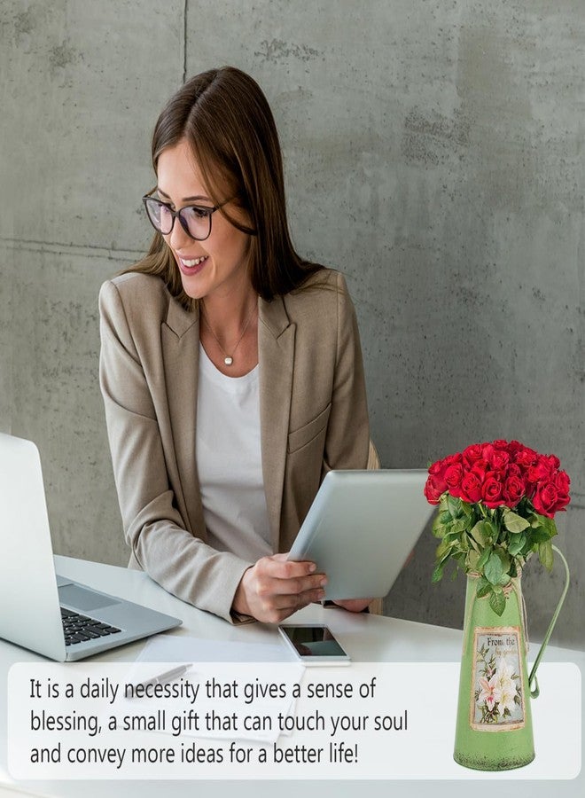 أموسفون مزهرية زهور معدنية ريفية من آموسفن، مزهرية عتيقة الطراز، إبريق حليب مجلفن، إبريق سقي عتيق، دلو لتنسيق الزهور، لون أخضر، 28×18×11 سم - Image 4