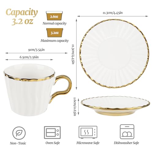 Hebaogugu Espresso Cups with Saucers, 3.5 oz Turkish Coffee Cup With Gold Trim, Ceramic Tea Cups for Espresso Cappuccino Latte Mocha, Idea Gift, Dishwasher & Microwave Safe (Gold) - Image 2