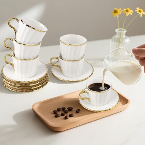 Hebaogugu Espresso Cups with Saucers, 3.5 oz Turkish Coffee Cup With Gold Trim, Ceramic Tea Cups for Espresso Cappuccino Latte Mocha, Idea Gift, Dishwasher & Microwave Safe (Gold) - Image 5