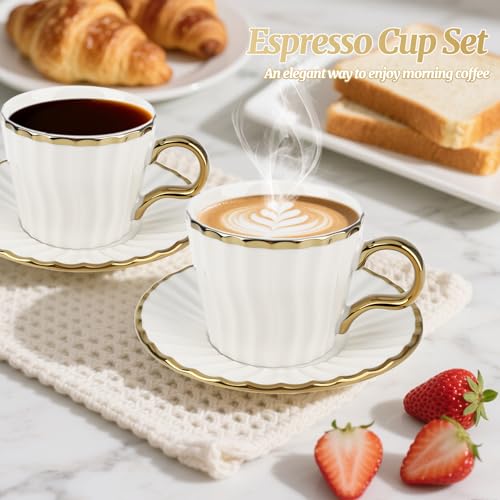 Hebaogugu Espresso Cups with Saucers, 3.5 oz Turkish Coffee Cup With Gold Trim, Ceramic Tea Cups for Espresso Cappuccino Latte Mocha, Idea Gift, Dishwasher & Microwave Safe (Gold) - Image 3
