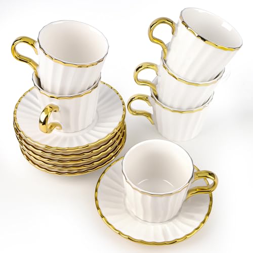 Hebaogugu Espresso Cups with Saucers, 3.5 oz Turkish Coffee Cup With Gold Trim, Ceramic Tea Cups for Espresso Cappuccino Latte Mocha, Idea Gift, Dishwasher & Microwave Safe (Gold) - Image 1