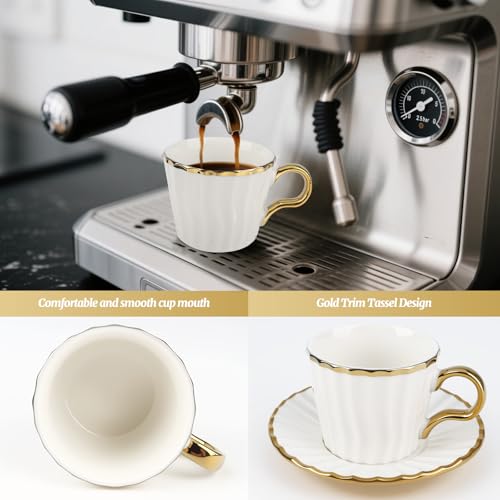 Hebaogugu Espresso Cups with Saucers, 3.5 oz Turkish Coffee Cup With Gold Trim, Ceramic Tea Cups for Espresso Cappuccino Latte Mocha, Idea Gift, Dishwasher & Microwave Safe (Gold) - Image 4