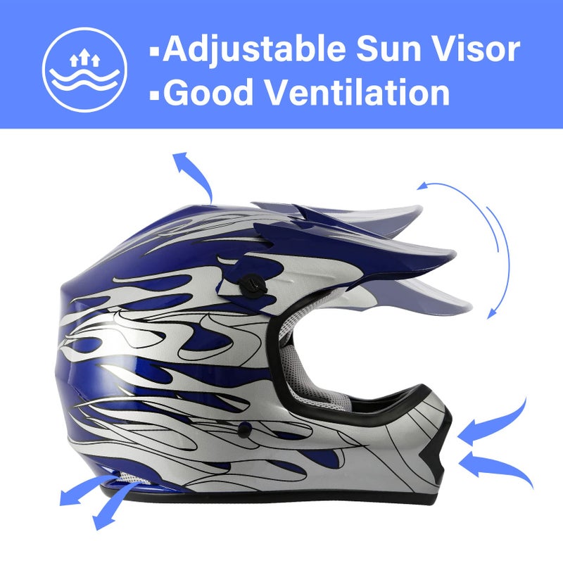 XFMT Kids Dirt Bike Helmet Youth Motorcycle Helmet DOT-Certified Full Face Helmets for Motocross ATV Off-Road Street Bike with Goggles & Gloves, Blue Flame Medium - Image 2