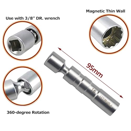 UTMALL 2pcs 12pt Magnetic Thin Wall Universal Joint Spark Plug Socket Removal Installer Tool 14mm 16mm - Image 3