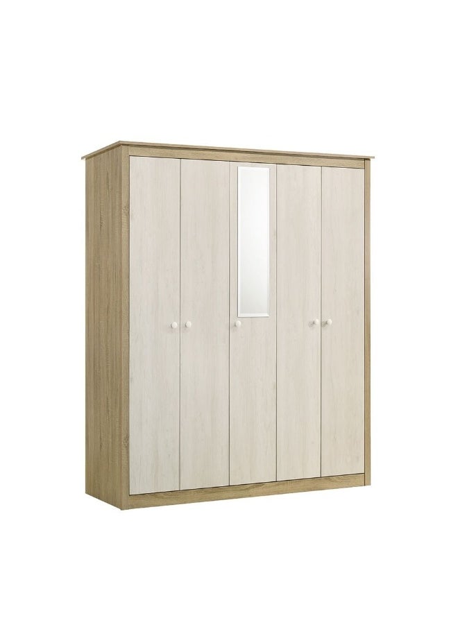 DANUBE HOME - Kelly 5 Door Wardrobe With Mirror Sturdy Closet Clothes Storage Cupboard Modern Design Space Saving Swing Door Cabinet For Bedroom L194.3Xw55Xh210Cm - White Ash+Sonoma Oak - Image 1
