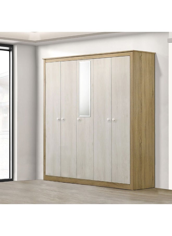 DANUBE HOME - Kelly 5 Door Wardrobe With Mirror Sturdy Closet Clothes Storage Cupboard Modern Design Space Saving Swing Door Cabinet For Bedroom L194.3Xw55Xh210Cm - White Ash+Sonoma Oak - Image 1