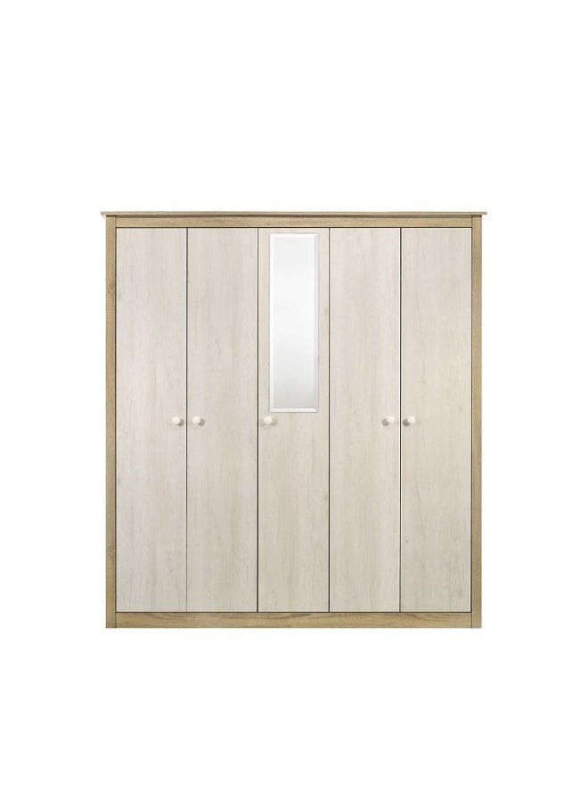 DANUBE HOME - Kelly 5 Door Wardrobe With Mirror Sturdy Closet Clothes Storage Cupboard Modern Design Space Saving Swing Door Cabinet For Bedroom L194.3Xw55Xh210Cm - White Ash+Sonoma Oak - Image 1