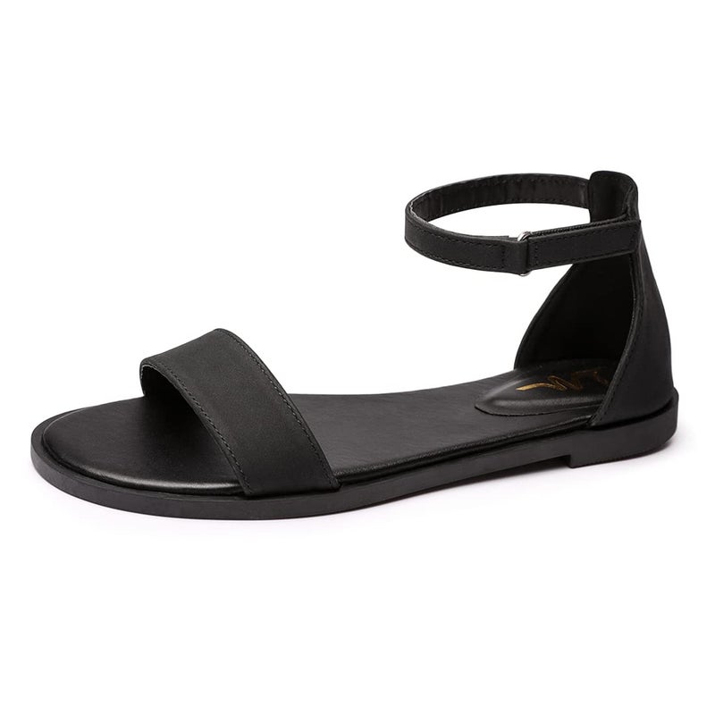 LM Women's Flat Sandals Open Toe One Band Ankle Strap Sandals Casual Summer Flat Sandals (10, Black) - Image 1