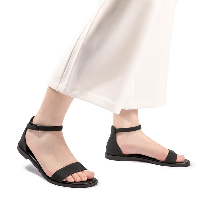 LM Women's Flat Sandals Open Toe One Band Ankle Strap Sandals Casual Summer Flat Sandals (10, Black) - Image 2
