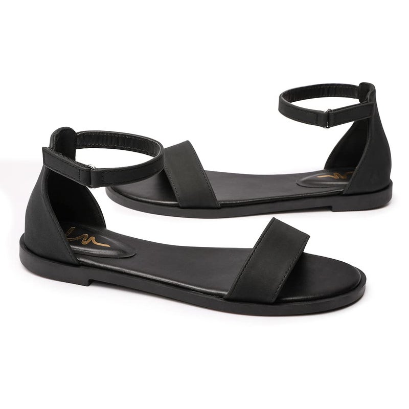 LM Women's Flat Sandals Open Toe One Band Ankle Strap Sandals Casual Summer Flat Sandals (10, Black) - Image 4