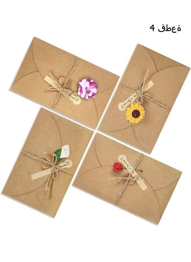 Generic 4 Packs Greeting Card,Brown Kraft 4 Floral Designs of Dried Flowers Greeting Cards with Envelopes, Stickers and Twine, Blank Note Cards for Friend (6.5*4.3 Inch)  - Image 1