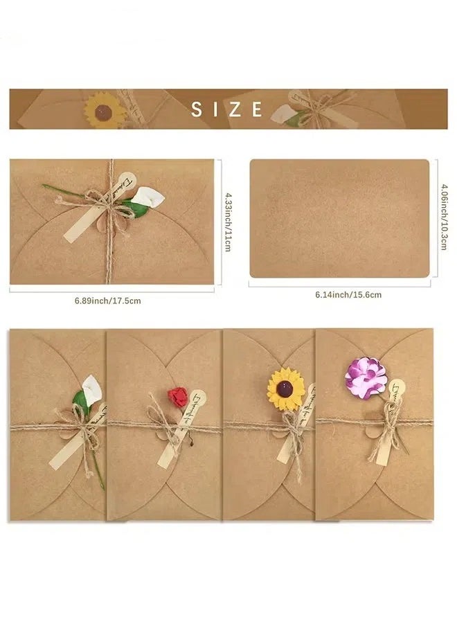 Generic 4 Packs Greeting Card,Brown Kraft 4 Floral Designs of Dried Flowers Greeting Cards with Envelopes, Stickers and Twine, Blank Note Cards for Friend (6.5*4.3 Inch)  - Image 2