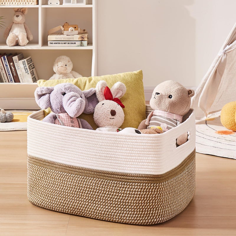 OIAHOMY Large Blanket Basket, 22â€x17â€x12â€ Rectangle Woven Baskets, Nursery Blanket Storage Living Room, Toy Storage With Handle, Large Baskets for Organizing-Yellow/White - Image 5