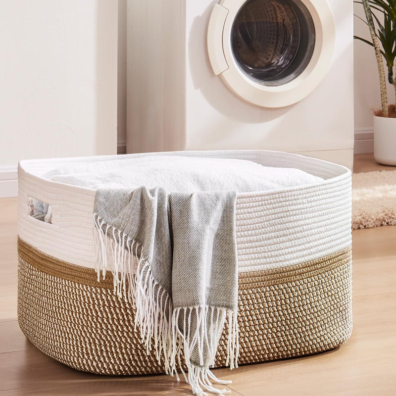 OIAHOMY Large Blanket Basket, 22â€x17â€x12â€ Rectangle Woven Baskets, Nursery Blanket Storage Living Room, Toy Storage With Handle, Large Baskets for Organizing-Yellow/White - Image 2