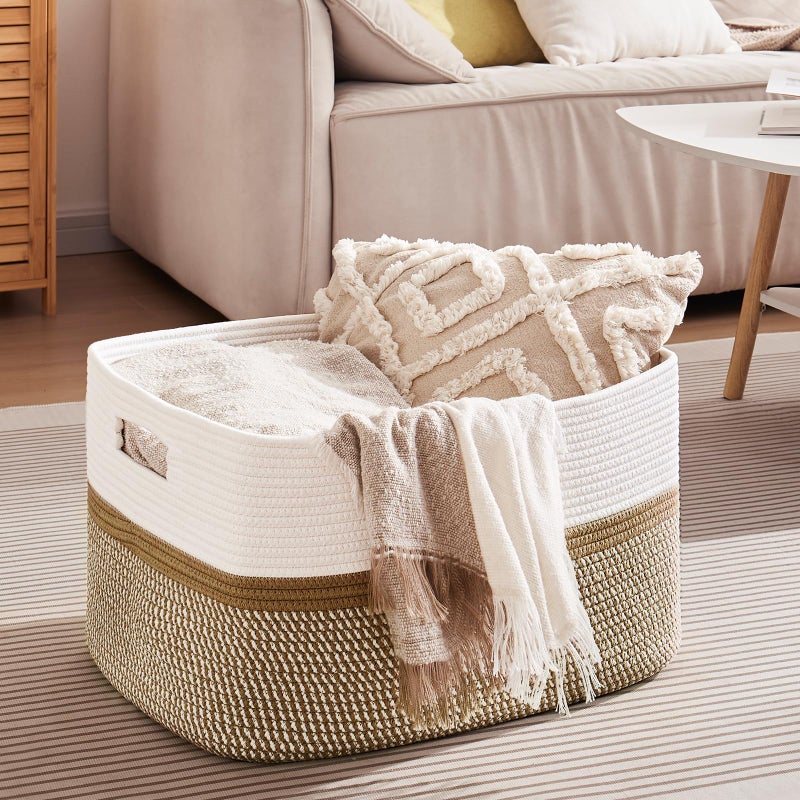 OIAHOMY Large Blanket Basket, 22â€x17â€x12â€ Rectangle Woven Baskets, Nursery Blanket Storage Living Room, Toy Storage With Handle, Large Baskets for Organizing-Yellow/White - Image 4